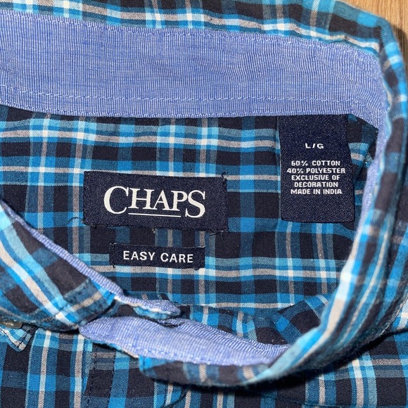 Chaps Shirt Mens Large Blue easy Care Plaid Button Up Long Sleeve‎ Preppy - Picture 2 of 6